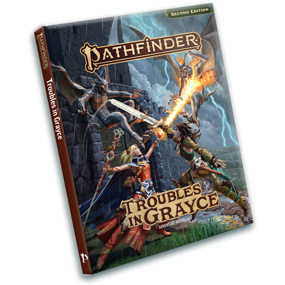 Pathfinder 2E: Adventure - Trouble in Grayce (PREORDER) - Pathfinder RPG book with dark fantasy cover showing heroes battling in a stormy, castle-like setting titled Troubles in.
