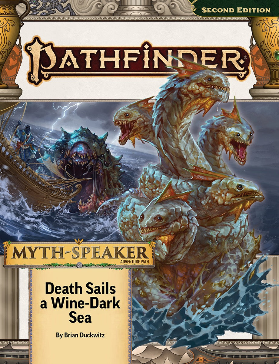 Pathfinder 2E: Adventure Path: Death Sails a Wine-Dark Sea Myth-Speaker 2/3 - Pathfinder book cover featuring a fierce, three-headed sea serpent rising from turbulent blue waves against a dark, stormy.