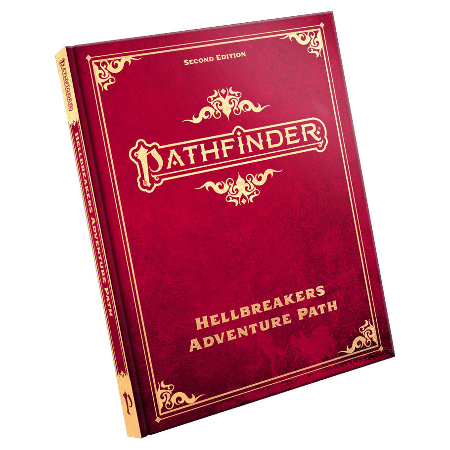 Pathfinder 2E: Hellbreakers Adventure Path Special Edition (PREORDER) - Red hardcover book with ornate gold detailing and text "Pathfinder Hellbreakers Adventure Path" on front cover and spine.