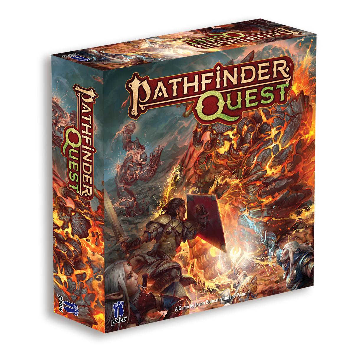 Pathfinder Quest (PREORDER) - Pathfinder Quest game box with fiery fantasy battle artwork featuring warriors and mythical creatures.