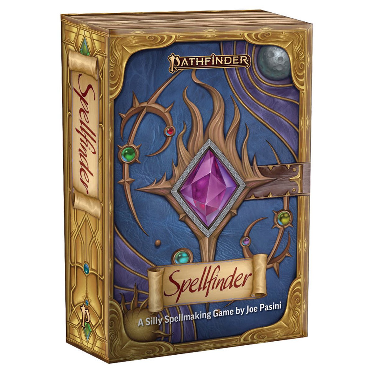 Spellfinder - Spellfinder board game box with ornate gold frame, purple gem centerpiece, and blue magical background.