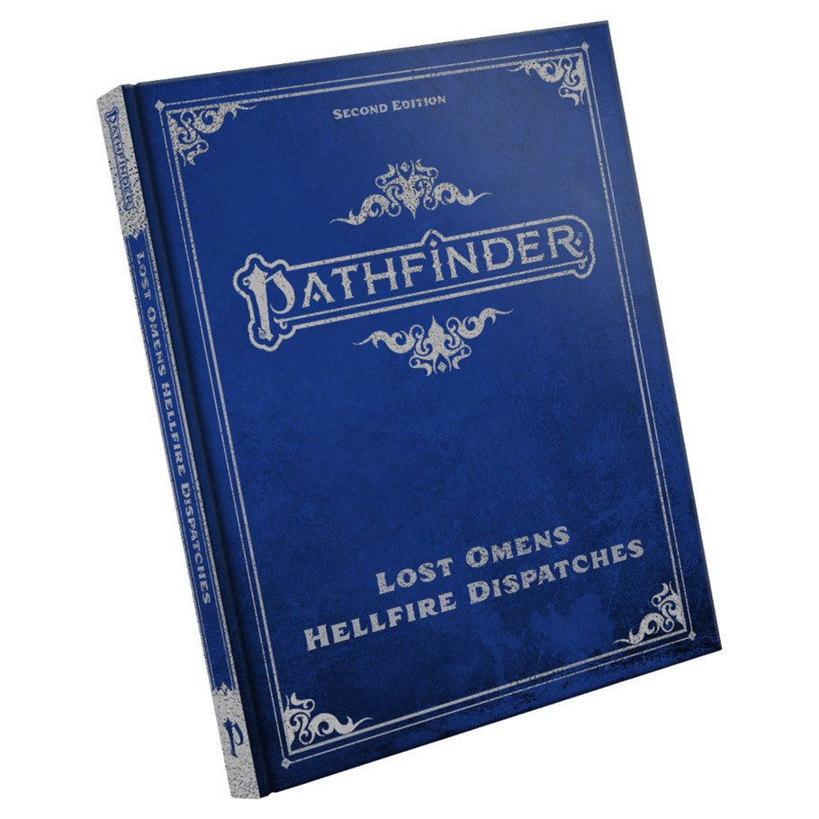Pathfinder 2E: Lost Omens Hellfire Dispatches Special Edition (PREORDER) - Blue hardcover book with ornate silver detailing titled Pathfinder Lost Omens Hellfire Dispatches Special Edition.