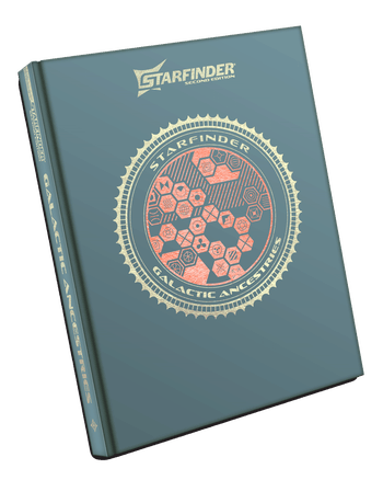 Starfinder 2E: Galactic Ancestries Special Edition - Dark teal hardcover Starfinder RPG book titled Galactic Ancestries Special Edition with a circular emblem of hexagons and.