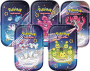 Pokemon Scarlet and Violet Paldean Fates Mini Tin - Five rectangular metal tins featuring colorful Pokemon-themed artwork from Scarlet and Violet Paldean Fates set on dark.