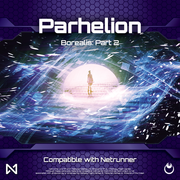 Netrunner: Borealis: Parhelion - Borealis: Parhelion card game box with futuristic purple-blue digital vortex and glowing silhouette of a person at center.
