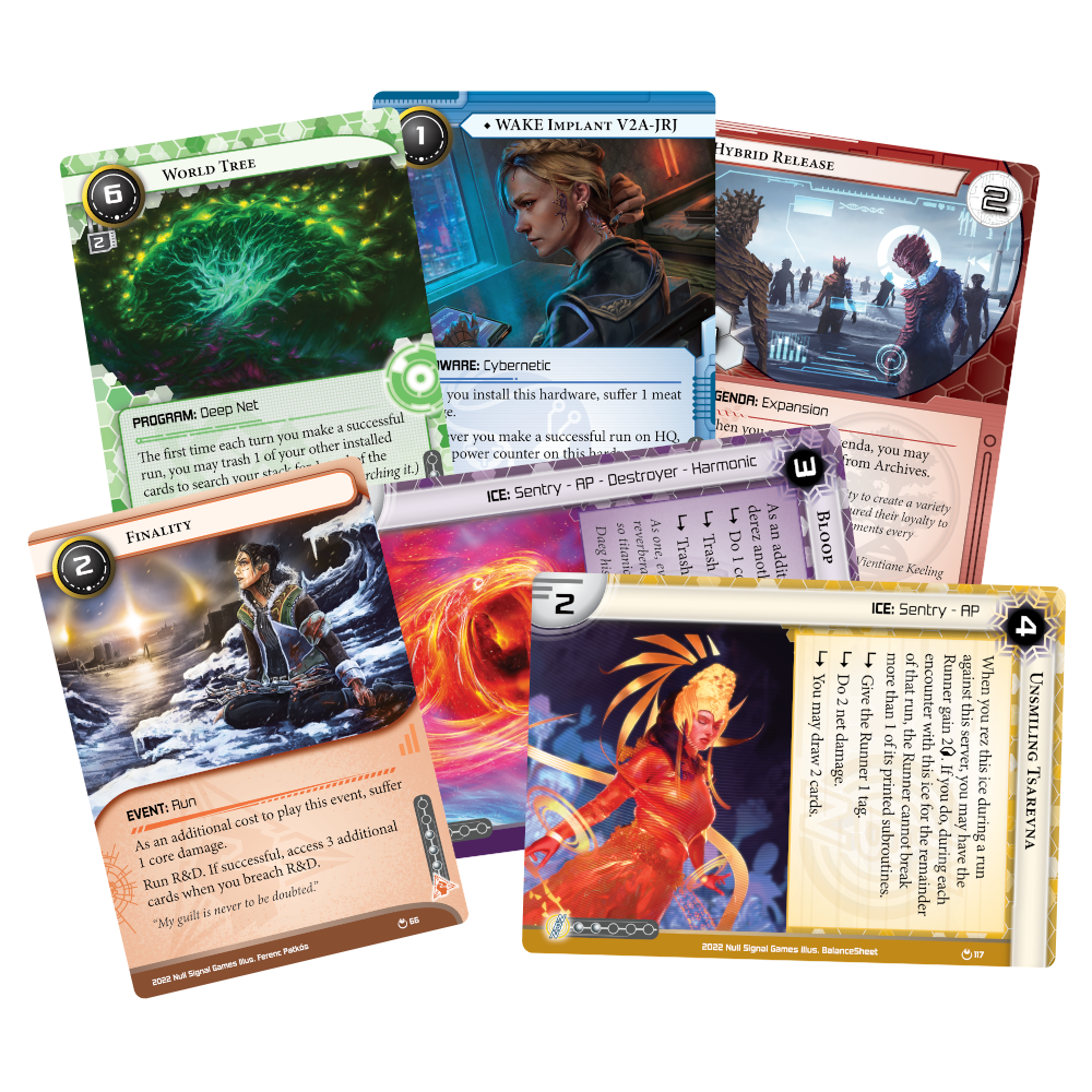 Netrunner: Borealis: Parhelion - Six colorful Netrunner card game cards fanned out, featuring sci-fi artwork, character portraits, and text boxes with game.