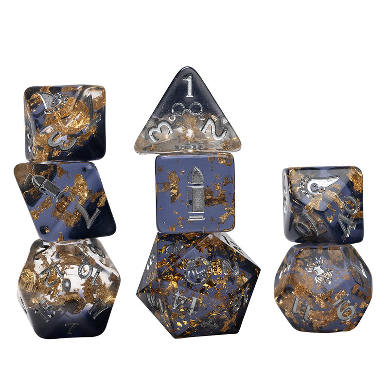 Sirius Dice: Vox Machina Adventure Dice - Percival de Rolo (PREORDER) - Set of seven dark blue and gold speckled polyhedral dice with intricate metallic gold symbols and numbers, including d4, d6,