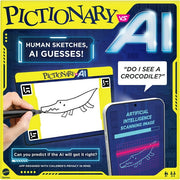 Pictionary vs. AI - Bright yellow and blue Pictionary vs. AI game box featuring a hand drawing a crocodile sketch on a white card with digital.