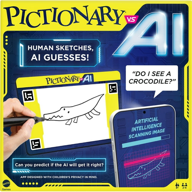 Pictionary vs. AI - Bright yellow and blue Pictionary vs. AI game box featuring a hand drawing a crocodile sketch on a white card with digital.
