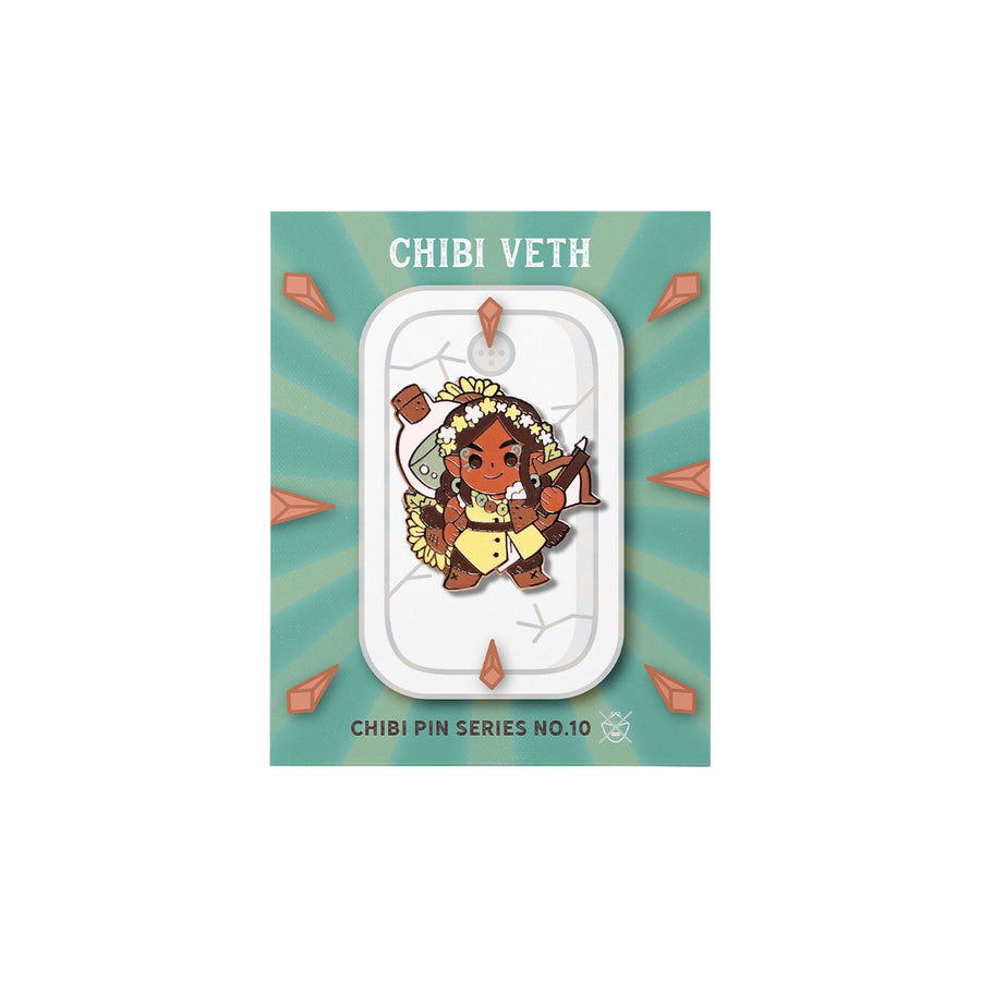 Critical Role Chibi Pin - Veth Brenatto - Chibi-style enamel pin of Veth Brenatto with brown skin, braided hair, green outfit, and bow, on a green backing card.
