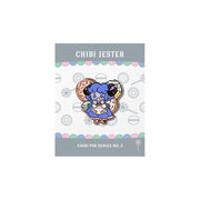 Critical Role Chibi Pin - Jester Lavorre - Chibi-style enamel pin of a blue-haired female character with horns, holding a tarot card and dango, colorful and glossy.