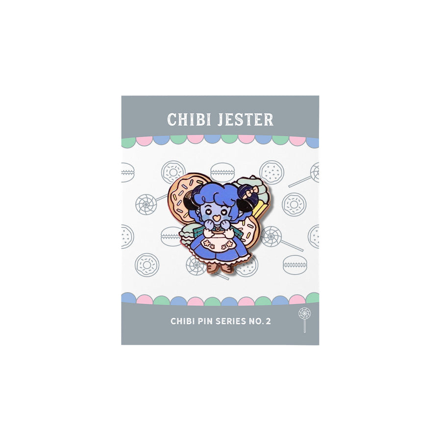 Critical Role Chibi Pin - Jester Lavorre - Chibi-style enamel pin of a blue-haired female character with horns, holding a tarot card and dango, colorful and glossy.