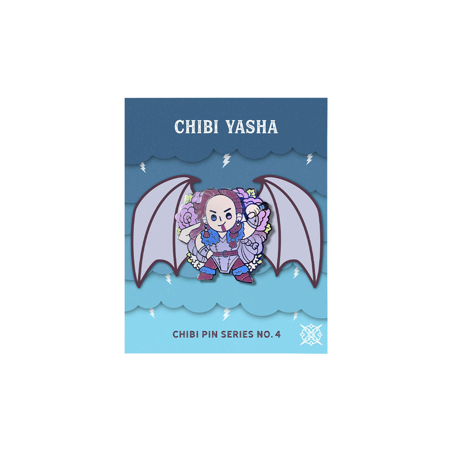 Critical Role Chibi Pin - Yasha Nydoorin - Chibi-style pin of Yasha Nydoorin with lavender wings, purple hair, and blue armor on blue backing card.