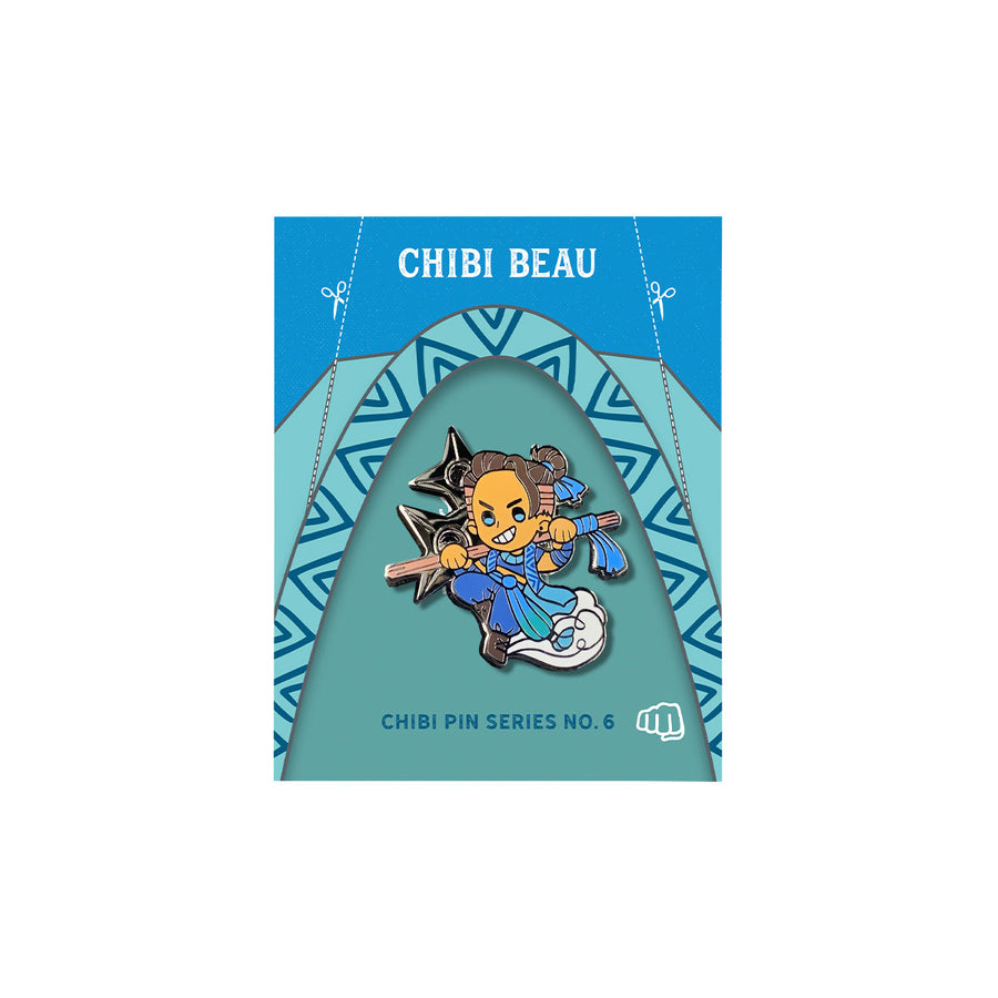 Critical Role Chibi Pin - Beauregard Lionett - Colorful enamel pin featuring a chibi-style character with brown hair, blue outfit, and yellow accents on a teal and blue.