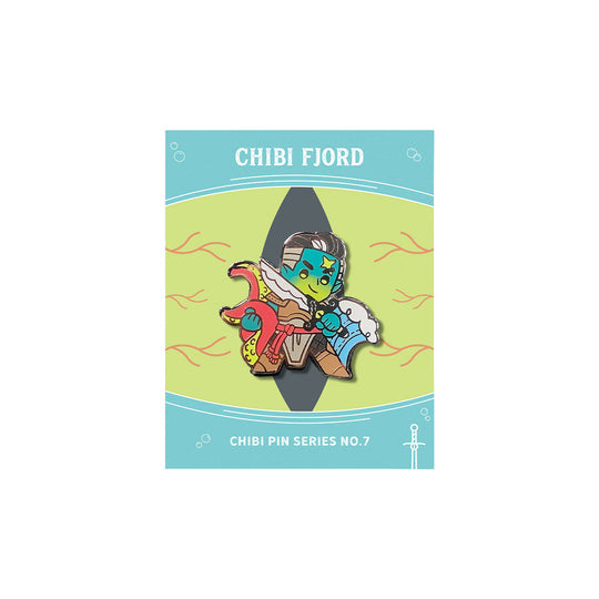 Critical Role Chibi Pin - Fjord Stone - Colorful enamel pin featuring chibi-style green-skinned character with a sword, cloak, and tentacles on a blue backing card.