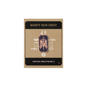 Critical Role Pin No. 3 - Mighty Nein Crest - Enamel pin featuring a dark purple shield with a stylized orange "M" crest, gold sword, and spear crossed behind it.