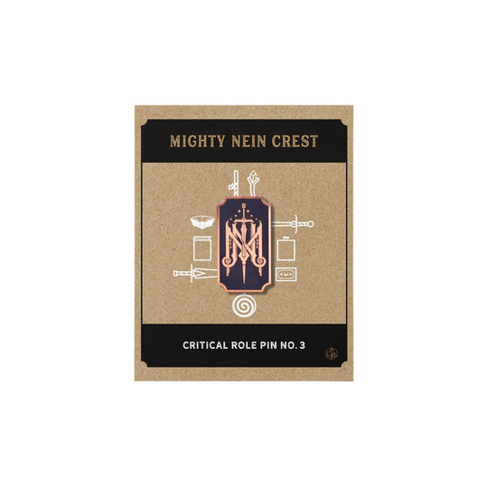 Critical Role Pin No. 3 - Mighty Nein Crest - Enamel pin featuring a dark purple shield with a stylized orange "M" crest, gold sword, and spear crossed behind it.