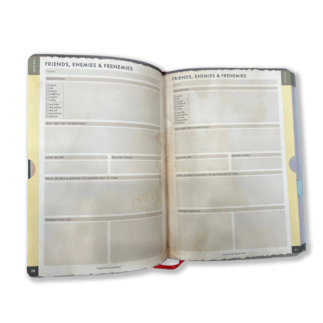 RPG Player's Journal - Open RPG player’s journal with cream-colored pages featuring structured sections for “Friends, Enemies & Frenemies” and.