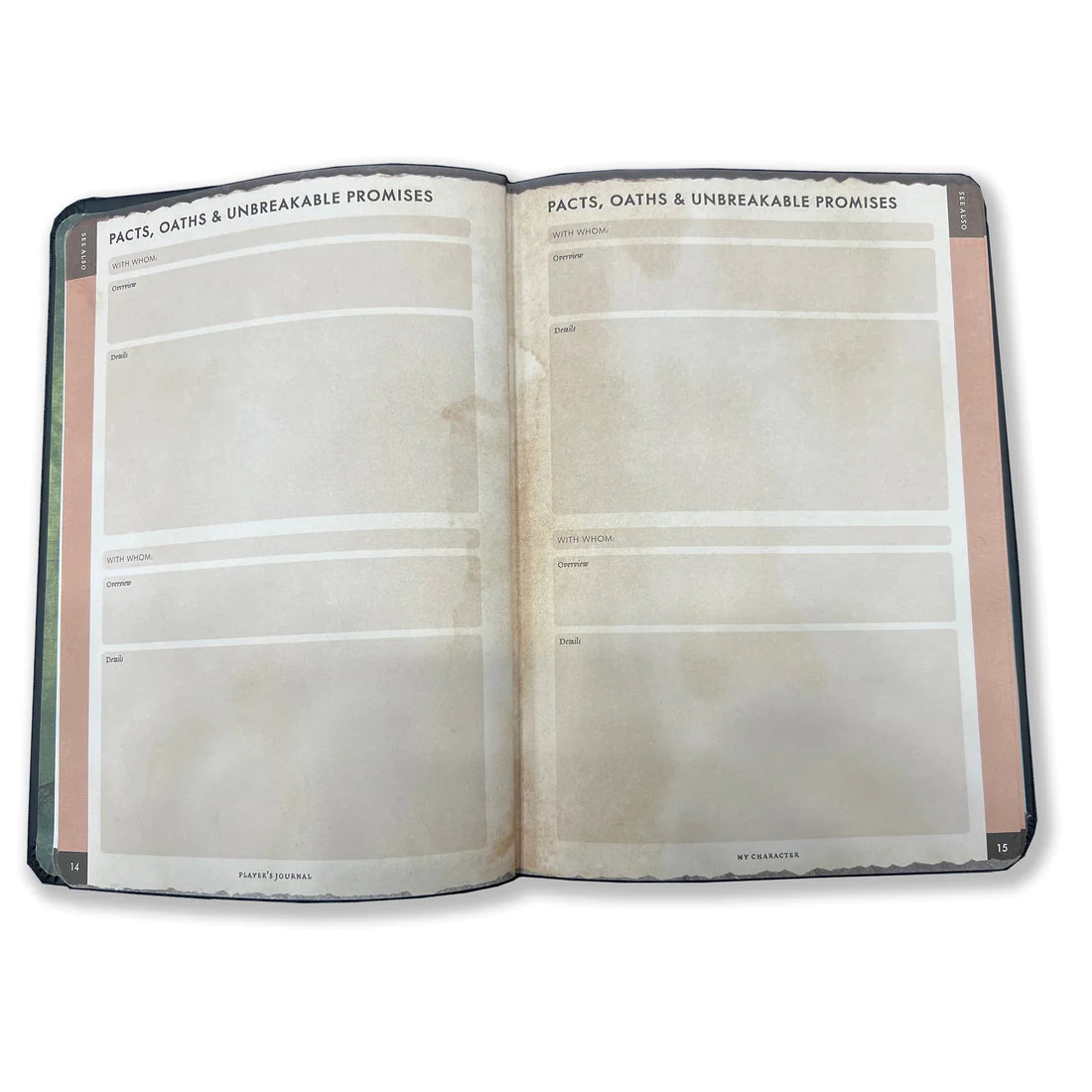 RPG Player's Journal - Open RPG player's journal with aged parchment-style pages featuring sections for pact details and unbreakable promises.