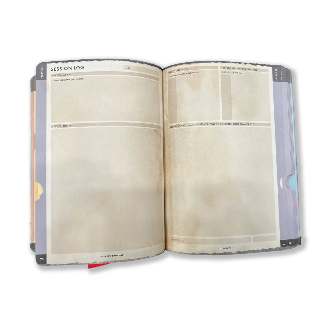 RPG Player's Journal - Open RPG Player's Journal with cream-colored pages featuring structured sections and faint grid lines for notes and stats.