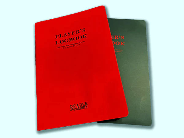 RPG Player's Logbooks - Two RPG player’s logbooks, one bright red with black text and one dark green with red text, both softcover with rounded.