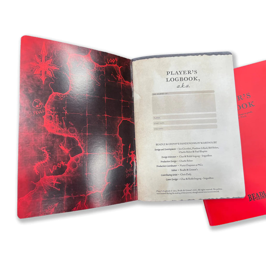 RPG Player's Logbooks - RPG Player’s Logbook with red and black fantasy map cover, open to lined title page on aged paper with decorative fonts.