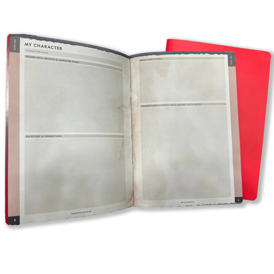 RPG Player's Logbooks - Open RPG player’s logbook with beige pages featuring character info sections, accompanied by a closed red cover notebook.