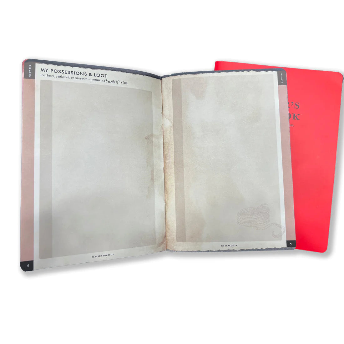RPG Player's Logbooks - Open RPG player’s logbook with blank, cream-colored pages and simple black text, red closed logbook in background.