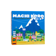 Machi Koro, 5th Anniversary Edition (PREORDER) - Blue board game box featuring colorful cartoon cityscape with buildings, trees, and a mountain backdrop, labeled "Machi Koro