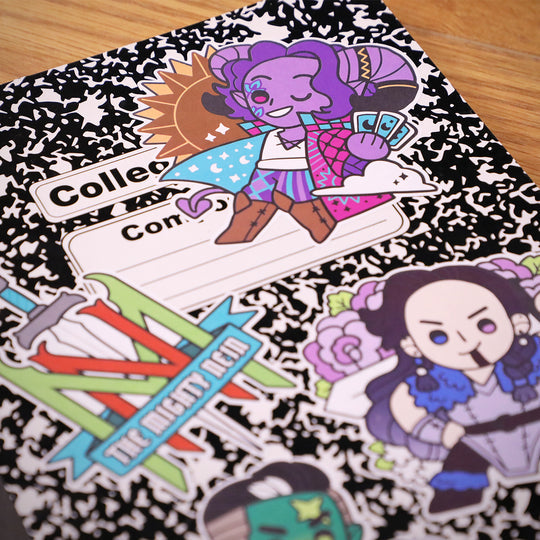 Critical Role - Mighty Nein Chibi Vinyl Decals - Colorful chibi vinyl decals of fantasy characters on a black and white composition notebook cover.