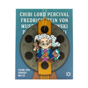 Critical Role Chibi Pin - Percival De Rolo - Chibi-style Percival De Rolo enamel pin with white hair, blue coat, and pink vest on a circular grey backing with swirled.