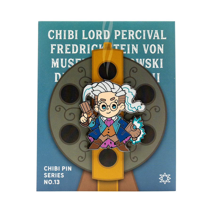 Critical Role Chibi Pin - Percival De Rolo - Chibi-style Percival De Rolo enamel pin with white hair, blue coat, and pink vest on a circular grey backing with swirled.