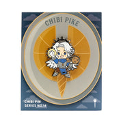 Critical Role Chibi Pin - Pike Trickfoot - Chibi enamel pin of female character with white hair, blue and gray outfit, holding a teddy bear on round backing card with.