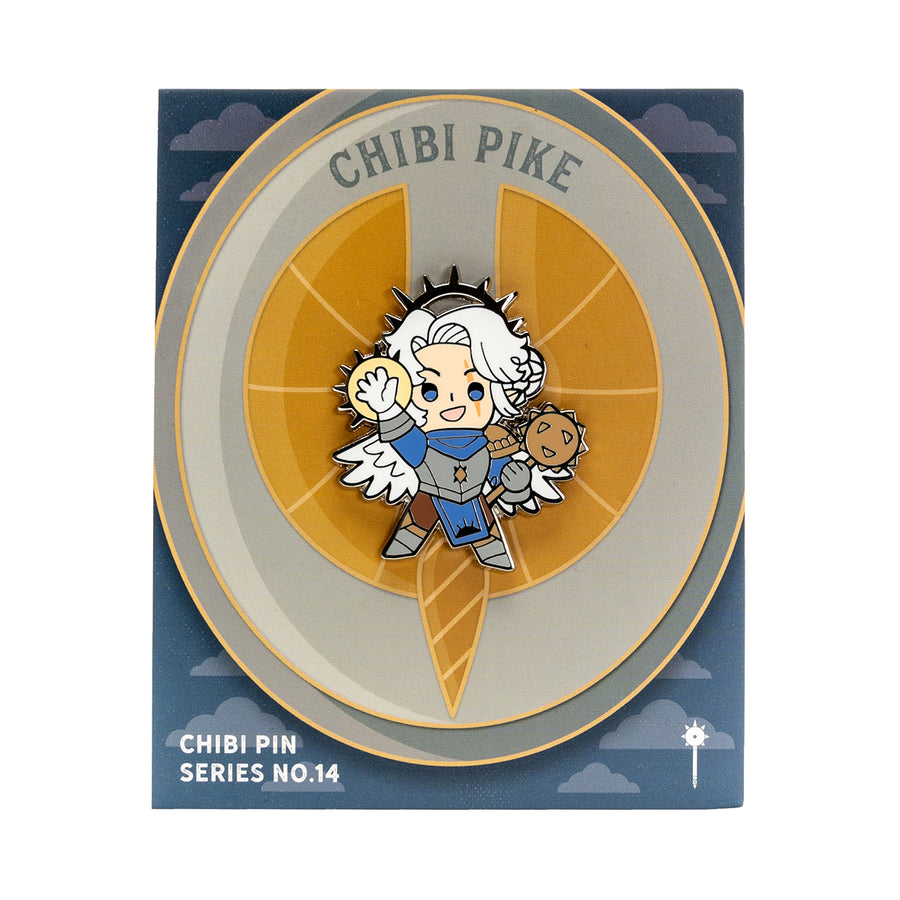 Critical Role Chibi Pin - Pike Trickfoot - Chibi enamel pin of female character with white hair, blue and gray outfit, holding a teddy bear on round backing card with.