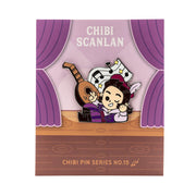Critical Role Chibi Pin - Scanlan Shorthalt - Chibi-style enamel pin of a character with dark hair playing a lute, surrounded by musical notes, set against a purple and.