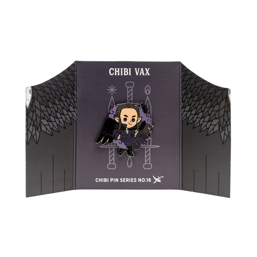 Critical Role Chibi Pin - Vax'ildan - Small metal enamel pin of chibi-style dark-haired character with black wings, purple cloak, and daggers.