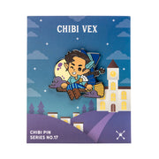 Critical Role Chibi Pin - Vex'ahlia - Chibi-style enamel pin of Vex'ahlia with bow, quiver, and animal companion on colorful backing card with castle and night.