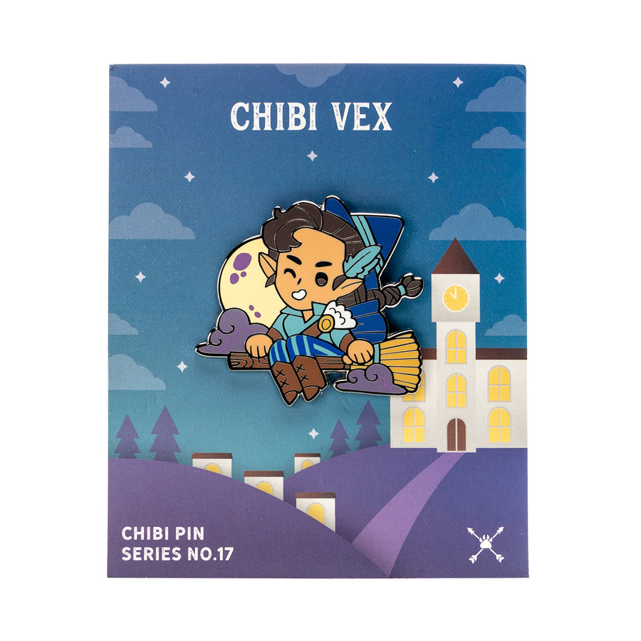 Critical Role Chibi Pin - Vex'ahlia - Chibi-style enamel pin of Vex'ahlia with bow, quiver, and animal companion on colorful backing card with castle and night.