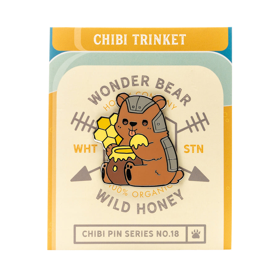 Critical Role Chibi Pin - Trinket - Round enamel pin featuring a brown bear in gray armor holding yellow honeycomb, chibi style.