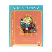 Critical Role Chibi Pin - Taryon Darrington - Chibi enamel pin of a blonde character in blue clothing holding a small dragon on a red backing card with gold text and teal