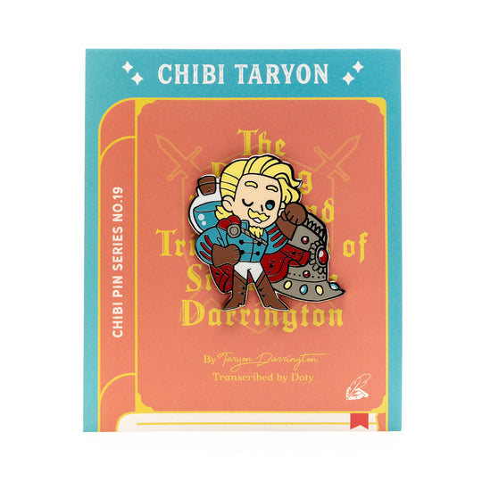 Critical Role Chibi Pin - Taryon Darrington - Chibi enamel pin of a blonde character in blue clothing holding a small dragon on a red backing card with gold text and teal