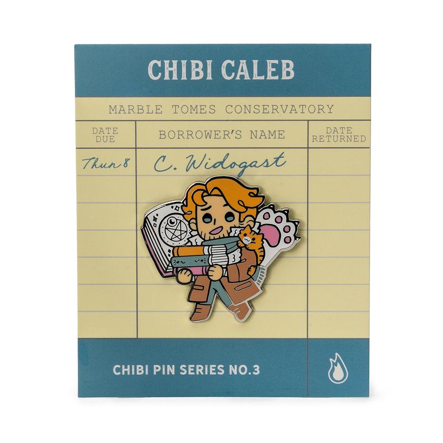 Critical Role Chibi Pin - Caleb Widowgast - Chibi-style enamel pin of a character with orange hair, brown robe, and mechanical gauntlet holding a rapier, set on library