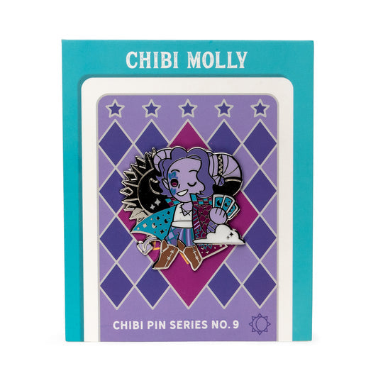 Critical Role Chibi Pin - Mollymauk Tealeaf - Colorful enamel pin featuring chibi Mollymauk Tealeaf in purple and teal costume with skull motifs on purple diamond.