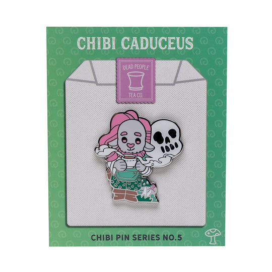 Critical Role Chibi Pin - Caduceus Clay - Chibi enamel pin of a pink-haired character holding a skull with a green outfit on a green backing card.