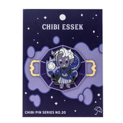 Critical Role Chibi Pin - Essek Thelyss - Chibi Essek Thelyss pin with purple and silver armor, white hair, and a glowing staff on a starry dark blue backing card.