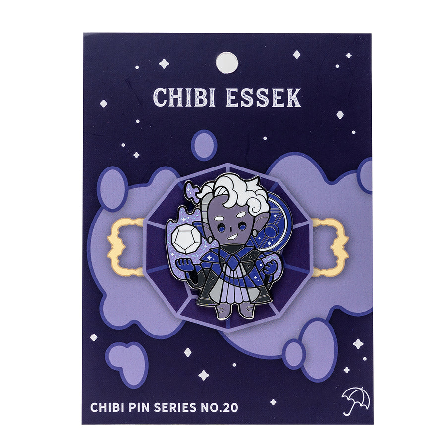 Critical Role Chibi Pin - Essek Thelyss - Chibi Essek Thelyss pin with purple and silver armor, white hair, and a glowing staff on a starry dark blue backing card.