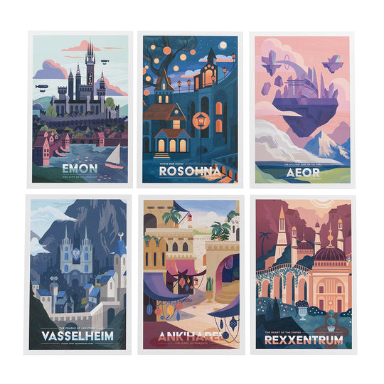 Critical Role - Exandria Postcard Set - Set of six colorful postcards featuring fantasy cityscapes labeled Emon, Rosohna, Aeor, Vasselheim, Ank’Harel, and.