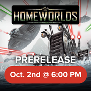 Oct. 2nd Homeworlds Prerelease - Star Wars Unlimited - Provo - Dark sci-fi spaceship battle scene with lasers and large robotic mech, Homeworlds logo above, prerelease date Oct.