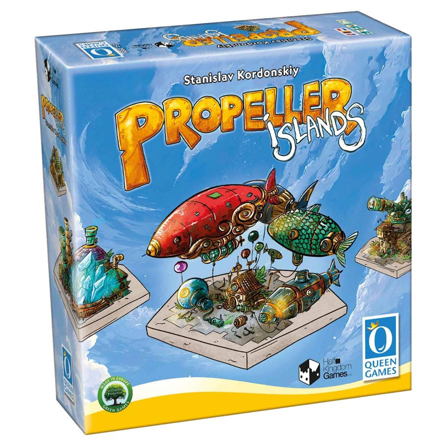 Propeller Island (PREORDER) - Propeller Island board game box with colorful floating islands and steampunk airships on a light blue background.