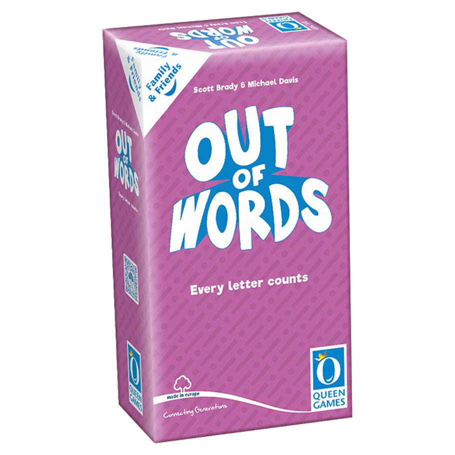 Out of Words (PREORDER) - Purple rectangular box with white and blue "Out of Words" logo, party game packaging.